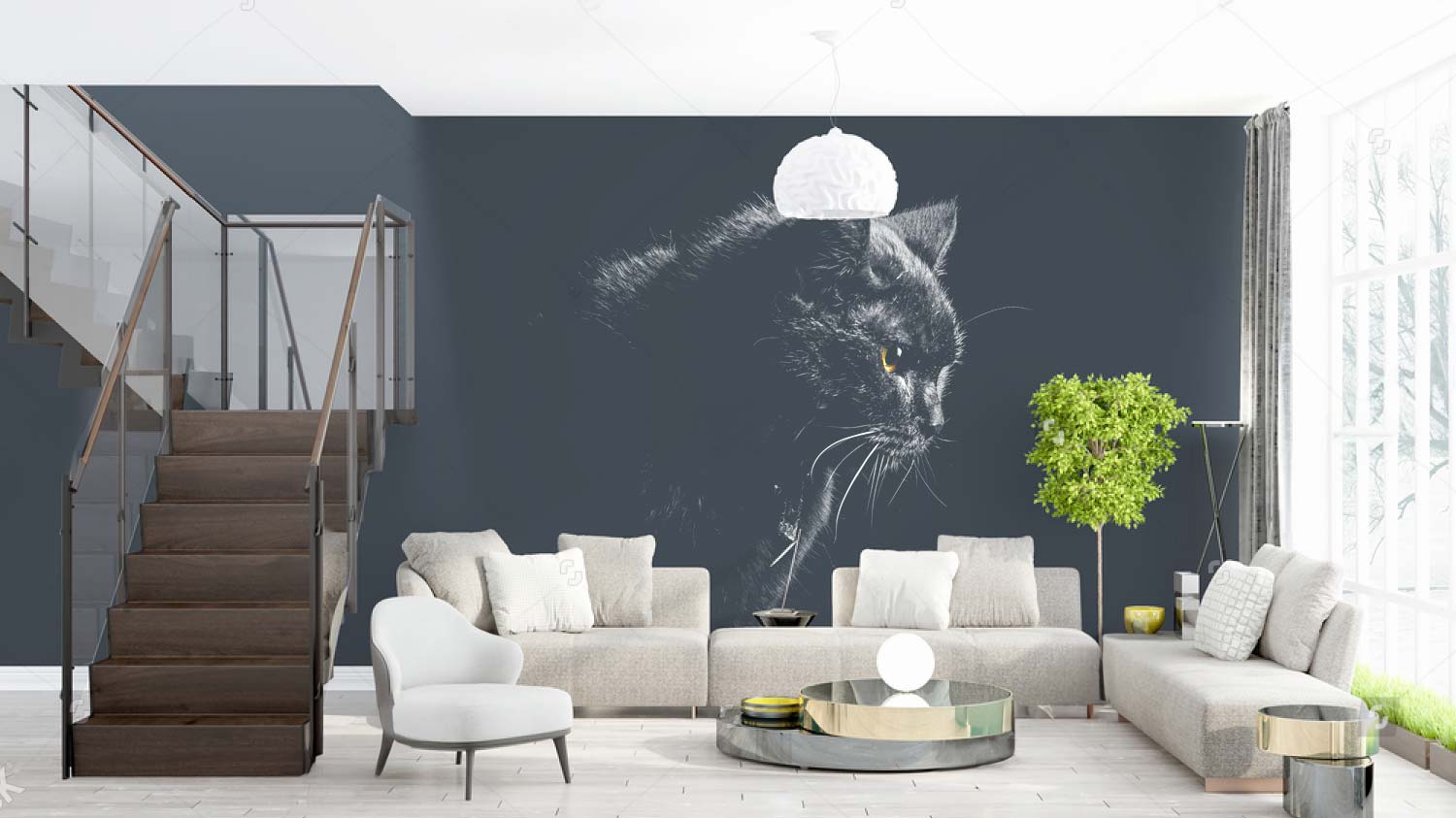 Chat noir peint sur un mur de salon près de Nantes